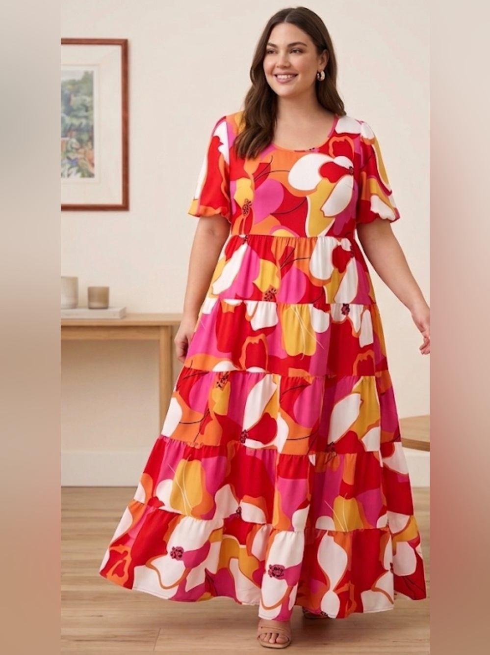 PrettyGarden Bright Floral Puff Sleeves Tiered Ruffles Babydoll Maxi Dress XXL